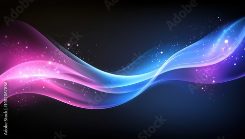 Abstract flowing waves of pink and blue light on dark background with sparkling particles