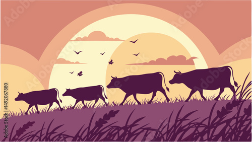 Silhouette illustration of four cows walking uphill at sunset in a rural field with birds flying.