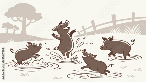 Whimsical Sepia Cartoon Illustration of Four Adorable Joyful Piglets Splashing and Playing in Mud Puddles on a Farm
