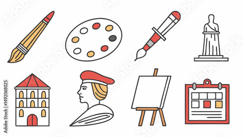 Colorful Flat Line Art History Creative Tools Vector Icons Painting Sculpture Architecture Artist Calendar