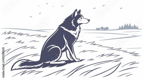 Stylized Line Art Drawing of a Sitting Husky Dog or Wolf in a Grassy Field Nature Landscape Illustration