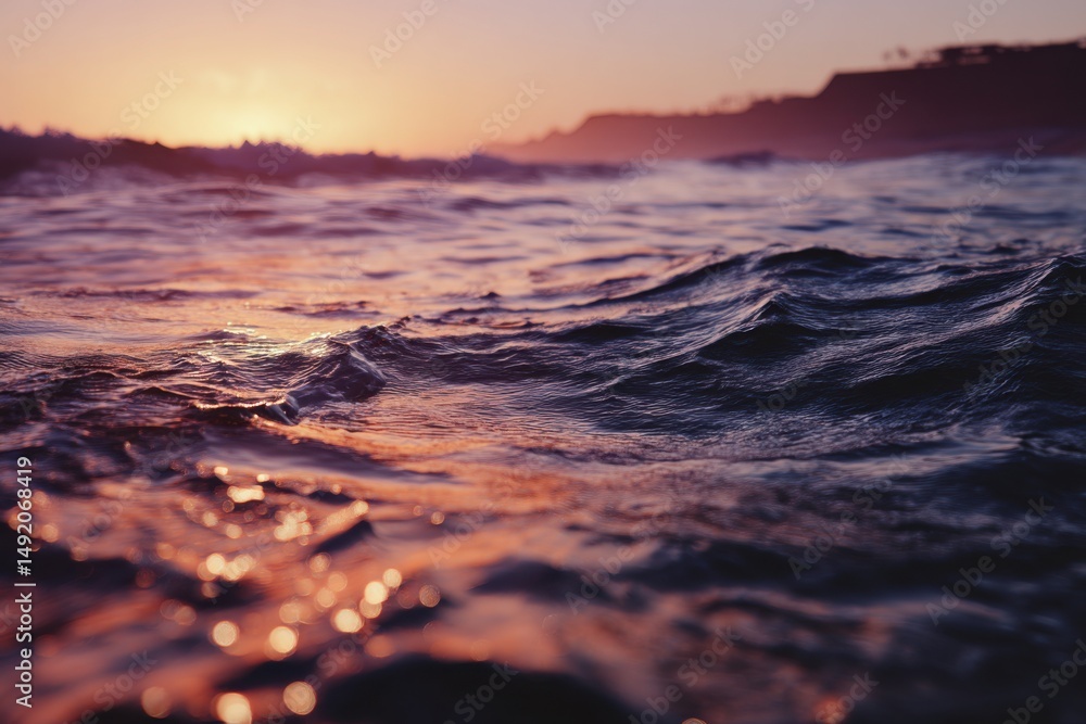 Obraz premium Ocean Waves at Sunset With Coastal Mountains, Representing Tranquility and Vacation Getaway, Perfect for Travel and Tourism Promotion : Generative AI