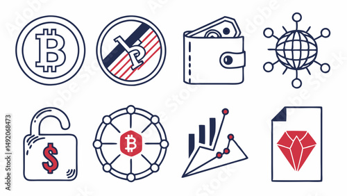 Cryptocurrency Blockchain Digital Finance Line Art Icons Set Bitcoin Wallet Network Security Chart Asset Vector Graphics