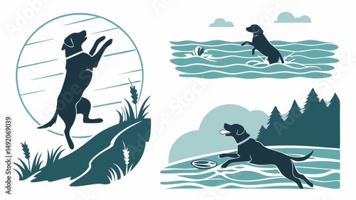 Teal Silhouette Graphic Art Black Lab Outdoor Activities Swimming Fetching Jumping Scenes