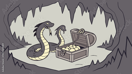 Two-Headed Snake Hydra Monster Guards Treasure Chest Full of Gold Coins in Dark Fantasy Cave Cartoon Illustration