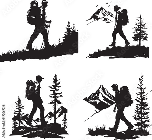 Group of people hiking in mountain, silhouette, vector, people, illustration, men, child, silhouettes, sport, woman, winter, family, ski, black, person, snow, boy, sports, mother, extreme, fun, couple