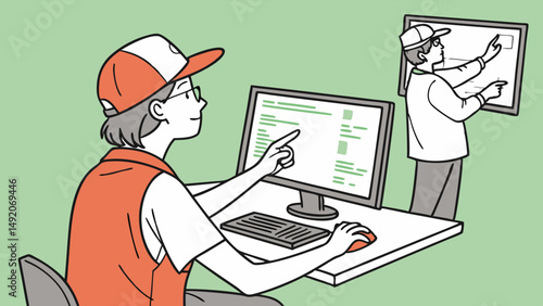 Simple line art illustration depicting remote work or online learning collaboration with two people, one using a computer and the other a screen
