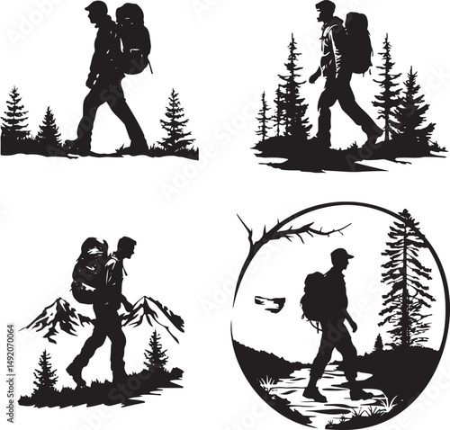 Group of people hiking in mountain, silhouette, vector, people, illustration, men, child, silhouettes, sport, woman, winter, family, ski, black, person, snow, boy, sports, mother, extreme, fun, couple