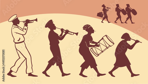 Traditional marching band parade graphic art with musicians playing brass, woodwind, and drums in silhouette style.