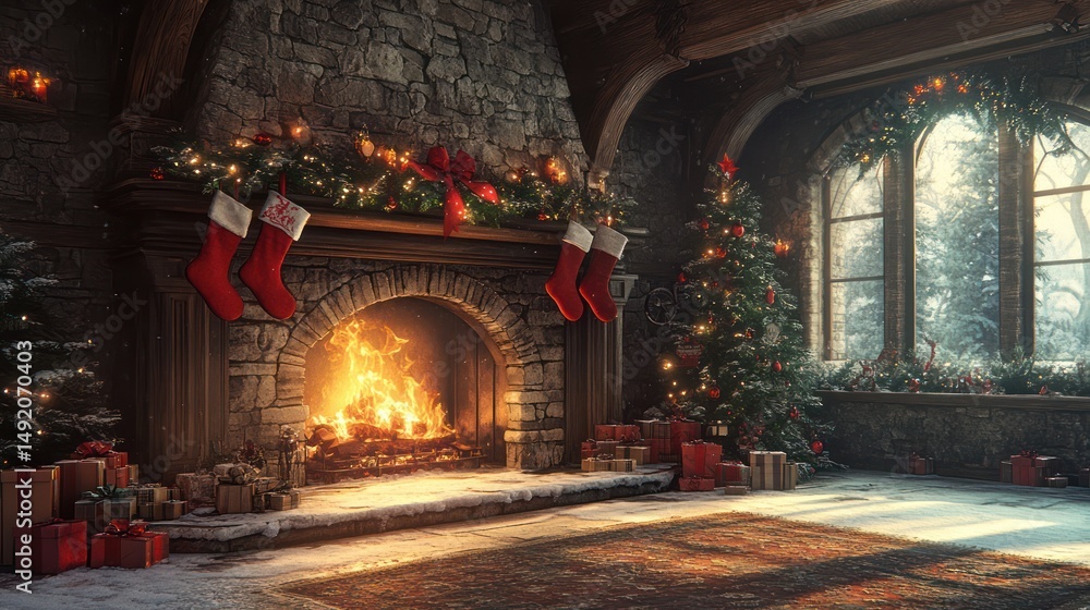 Obraz premium Festive hearth at Christmas with adorned mantel and illuminated ambiance indoors