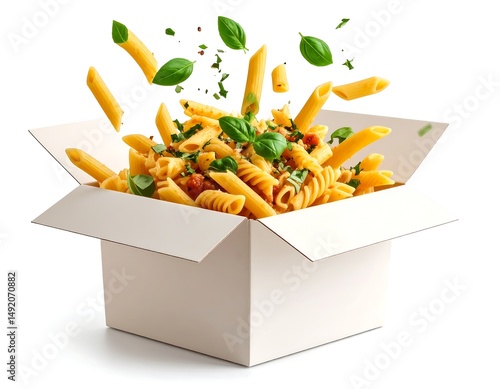 Pasta Dish Exploding Out Of A White Box On An Isolated Background
