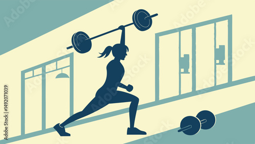 Dynamic fitness illustration of a strong woman silhouette lifting a barbell overhead in a lunge pose. Gym workout graphic art.
