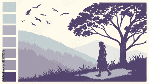 Peaceful Silhouette Nature Walk Illustration Mountains Tree Birds Limited Color Art
