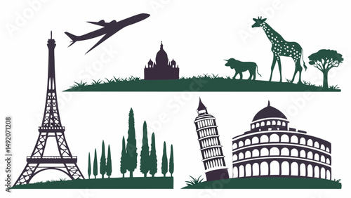 Global Travel Silhouettes Graphic Famous Landmarks Nature Animals Icons Paris Rome Italy Africa Tourism Adventure