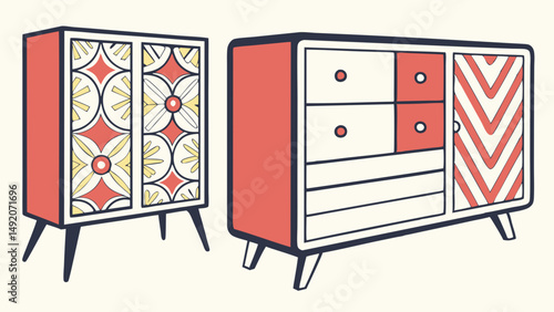 Mid-Century Modern Furniture Retro Red Cabinet White Dresser Geometric Patterns
