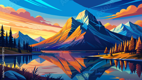 Sunrise on Mount Rundle with blue sky reflection on Rundle Forebay reservoir in autumn at Canmore