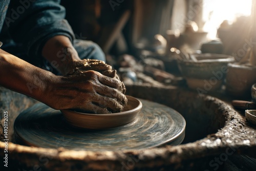 Hands Shaping Clay on Potter's Wheel in Workshop, Showcasing Craftsmanship and Artistic Expression for Small Business Marketing and Creative Industries : Generative AI