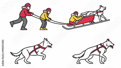 Simple Illustration People and Huskies Dog Sledding Pulling Sled in Winter Outdoor Mushing Activity