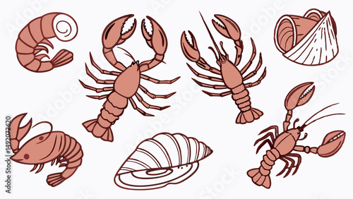 Simple Reddish Brown Line Art Illustration of Various Seafood Icons Including Shrimp Lobsters and Mussels