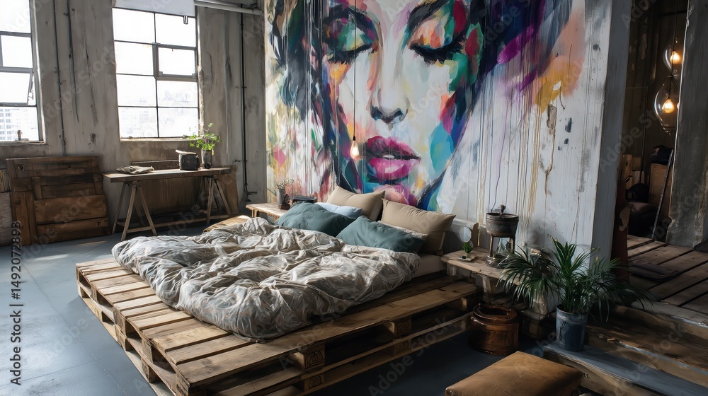 Une chambre à coucher de style industriel avec des palettes en bois comme base de lit et une grande peinture murale représentant un visage de femme, les yeux fermés, abstrait avec des couleurs vives.