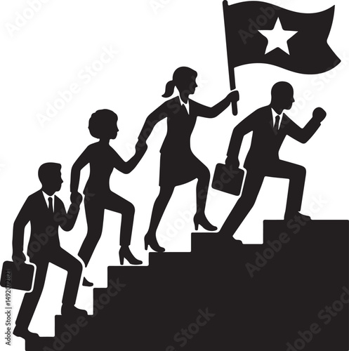business team climbing stairs to success together silhouette