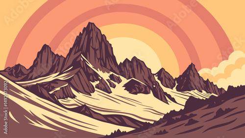 Retro Illustrated Mountain Landscape with Snowy Peaks Sun Arc and Warm Sky