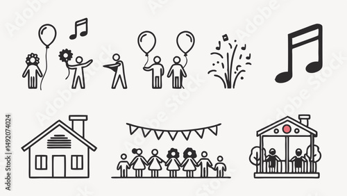 Black White Line Art Icons People Home Party Music Community Celebration