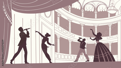 Vintage Style Silhouette Illustration Stage Performers Singing Dancing Grand Theater Musical Show