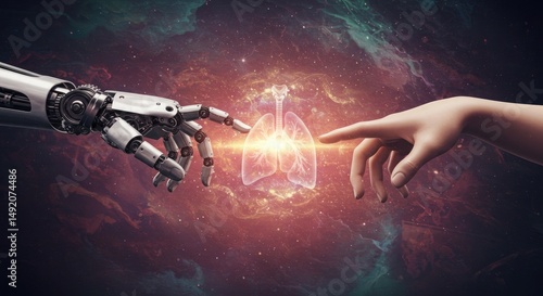 Robotic hand and human hand reaching towards glowing lungs in space  