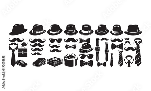 Father day mix silhouette vector set, Gentleman's accessories collection hats, ties, watches, mustaches on white background
