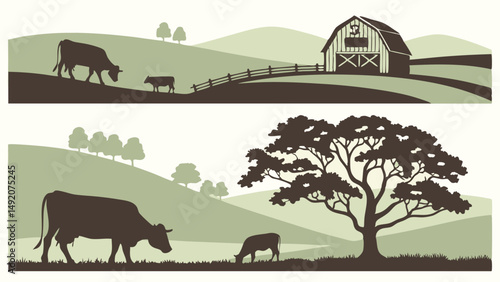 Rural Farm Landscape Illustration Banner with Grazing Cows Barn Rolling Hills and Trees Silhouette