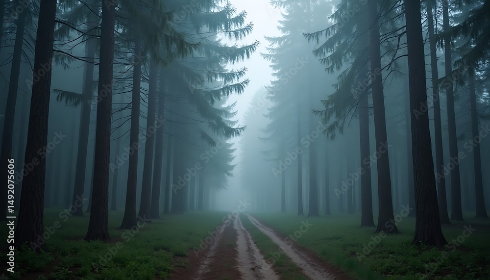 Obraz premium Hiking Trail Through a Foggy Forest with Tall Trees