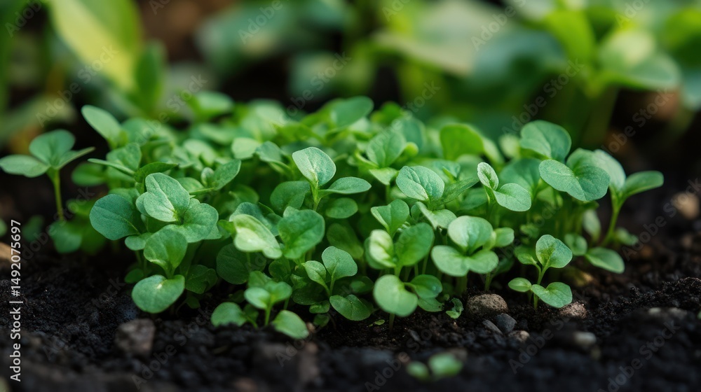 Vibrant seedling cluster sprouting in rich soil, representing new beginnings Vibrant seedling cluster sprouting in rich soil, representing new beginnings