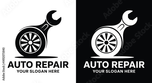 Auto Repair Logo Bold Black Wrench and Wheel Design for Professional Mechanics