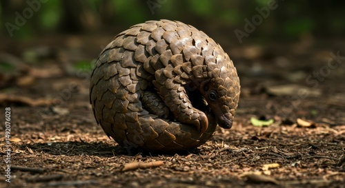 A pangolin curled into a ball on the forest floor