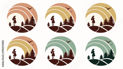 Retro Minimalist Hiker Logo Set Flat Design Nature Forest Adventure Illustration Sunrise Birds