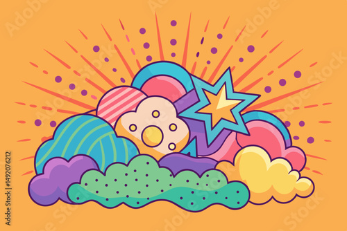 Colorful cartoon clouds bursting with energy and creative design