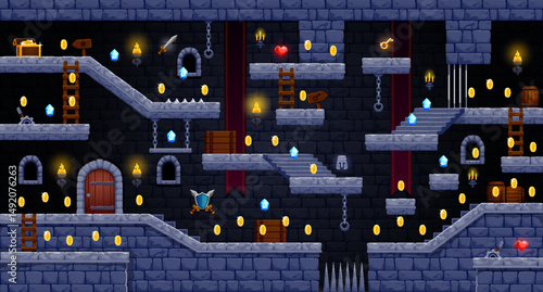 2d arcade game castle level map interface. Platform and stairs, coins bonus and wooden sign icons, vector UI. Cartoon video, mobile and computer 2d arcade game level map of castle rock walls, ladders