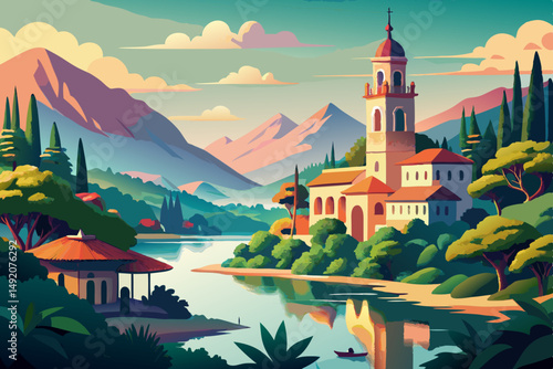 Colorful illustration of a lakeside village with church and mountains