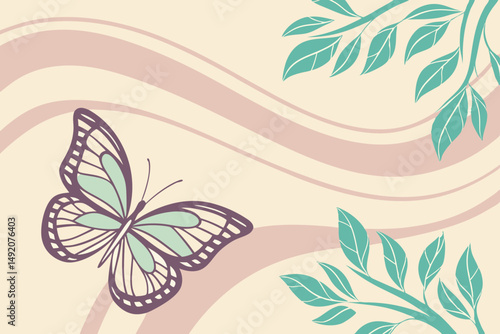 Elegant floral butterfly design with decorative leaves and gentle waves