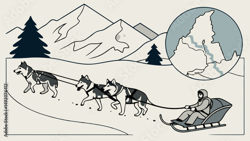 Winter Dog Sledding Illustration with Huskies Snowy Mountains Inset Map Art