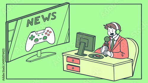 Cartoon News Anchor Reporting on Gaming Industry Updates in Studio with Controller on Screen