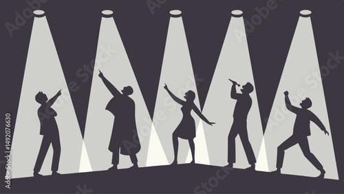 Silhouettes of Five Performers Singing on Stage Under Dramatic Spotlights - Illustration
