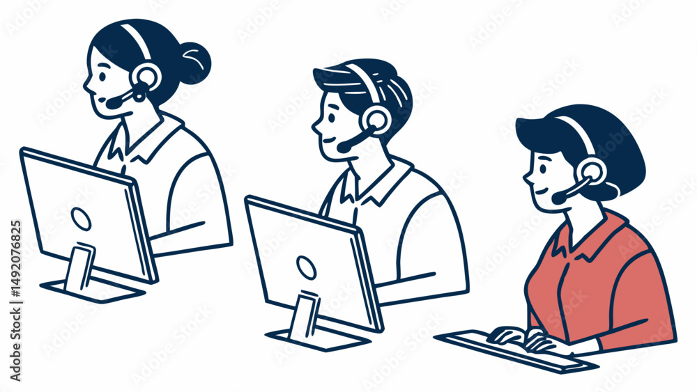 Simple line art illustration of customer service and support team working in a call center with headsets and computers Simple line art illustration of customer service and support team working in a call center with headsets and computers