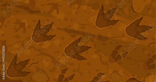 Dinosaur footprints of prehistoric lizard reptiles, foot prints on soil ground, vector cartoon background. Jurassic dinosaur footprints or dino paw prints of reptile lizards or pterodactyl for kids