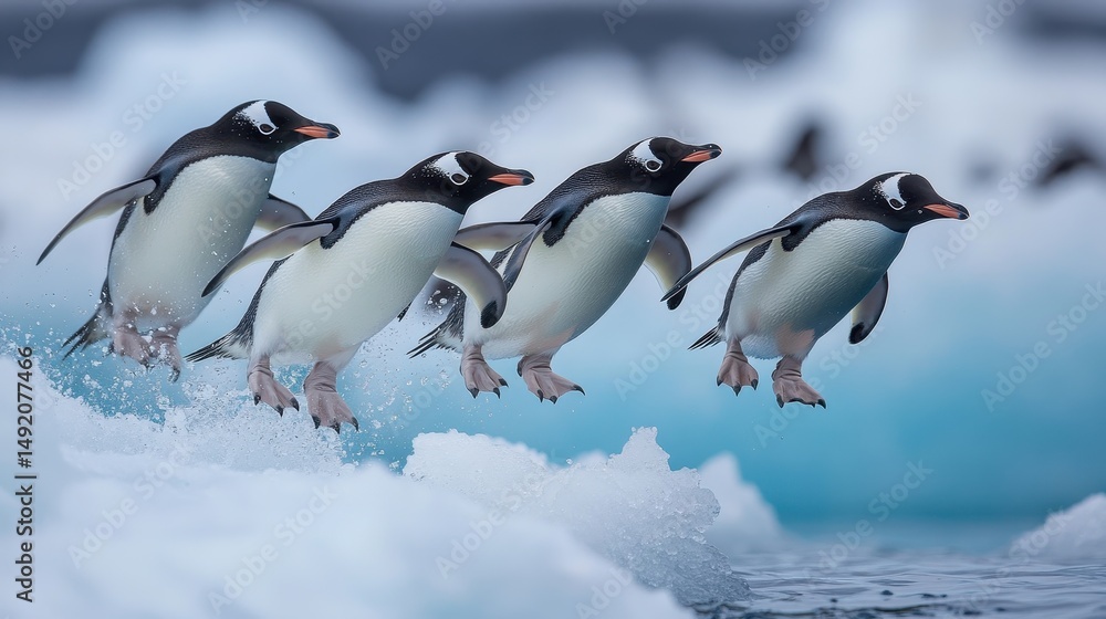 Obraz premium Group of penguins joyfully jumping on icy landscape in antarctica