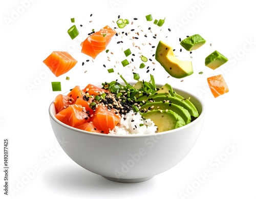 Close Up Shot of Poke Bowl with Salmon Avocado Rice and Toppings on White