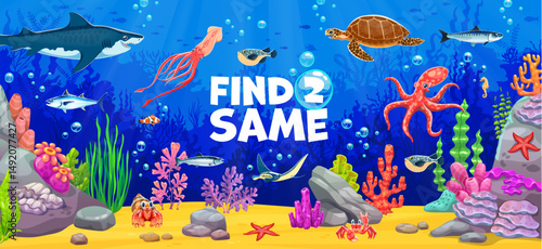 Kids game worksheet, find two same sea animals. Cartoon vector educational riddle for children activity with underwater corals, seaweeds, octopus, shark, turtle and stingray, squid, tuna, puffer fish