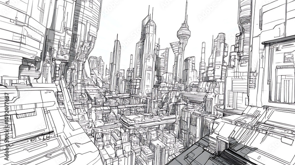 Fototapeta premium Photograph of black and white architectural illustration depicts a dense, futuristic cityscape with towering...