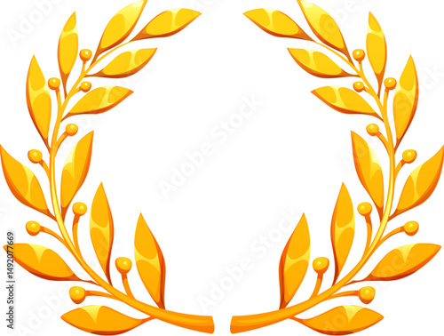 Golden laurel wreath cartoon badge or frame, vector game UI asset. Gold branches and leaves isolated wreath for winner award, honor prize or trophy. Game complete golden laurel branch and seeds badge